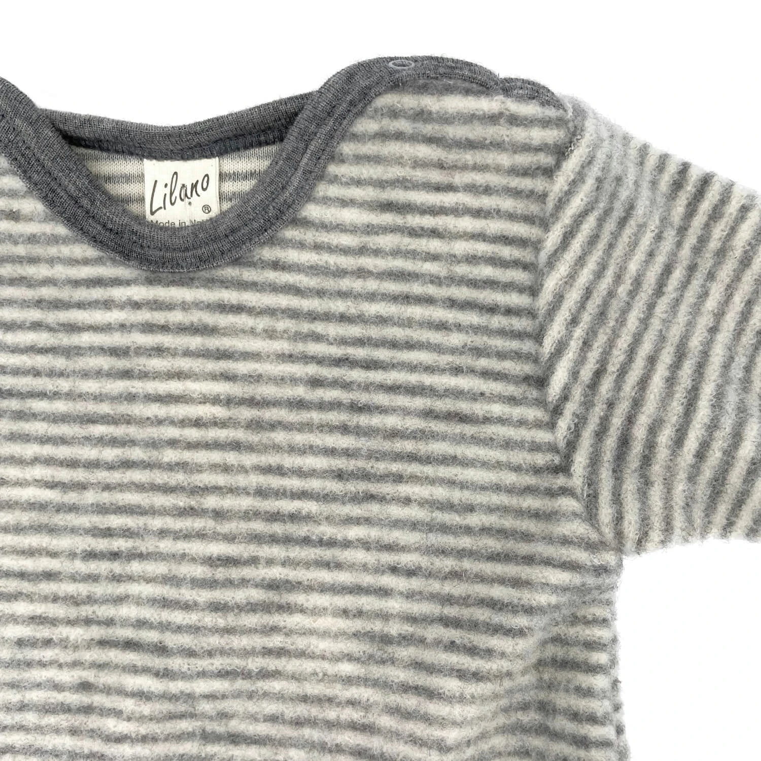 Lilano Baby Strampler Schurwollfrottee Ringel Grau Ecru 4 Lilano Baby Strampler Schurwollfrottee Ringel Grau Ecru – Bild 2